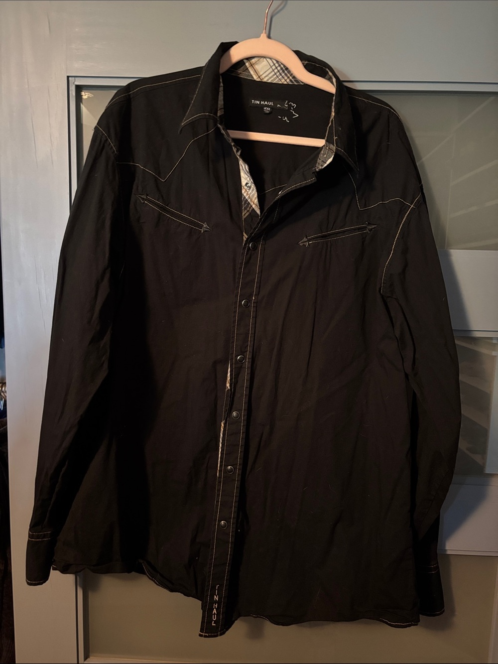 Tin Haul Black Western Snap Shirt Jacket with Contrast Stitching and Plaid Trim